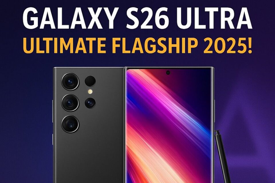 Promotional graphic showcasing Samsung Galaxy S26 Ultra with futuristic design