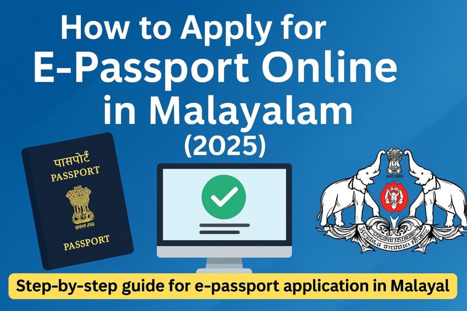 A digital guide showing how to apply for e-passport online in Malayalam with icons of passport, computer, and Kerala emblem