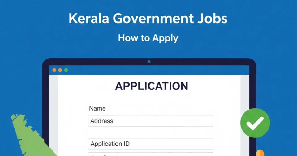 A professional thumbnail image representing the process of applying for Kerala Government Jobs. It features a computer screen with a simplified online application form, a mouse cursor hovering over a 'Submit' button, symbolizing the digital application process. A subtle green silhouette of the Kerala state map in the background signifies the location, while official document icons and a pen on the side denote the paperwork and official nature of the jobs. The clear text "Kerala Government Jobs: How to Apply" is prominent at the top, making it suitable for a guide on government job applications in Kerala. |