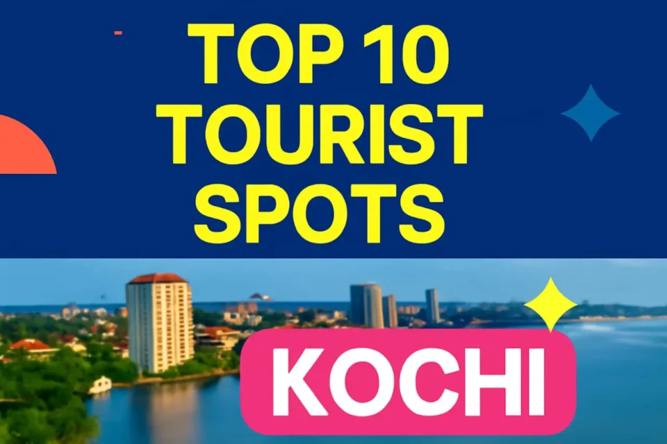 A vibrant thumbnail highlighting the top 10 tourist attractions in Kochi with colorful visuals and travel-themed elements