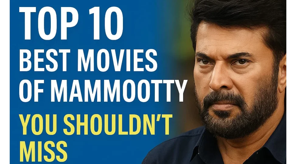 A vibrant promotional graphic featuring Mammootty with a cinematic background showcasing his best movies.