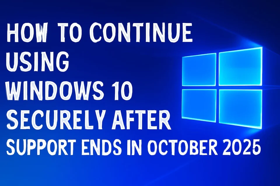 Windows 10 support ending in October 2025 with security and upgrade icons on a tech-themed background