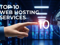 A thumbnail for a web hosting post, showing a hand pointing to the number '10' in a futuristic data center, with servers and a glowing globe in the background. The text 'Top 10 Web Hosting Services' is displayed on the image.