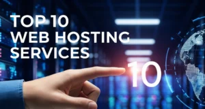 A thumbnail for a web hosting post, showing a hand pointing to the number '10' in a futuristic data center, with servers and a glowing globe in the background. The text 'Top 10 Web Hosting Services' is displayed on the image.