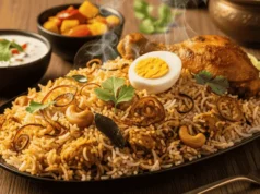 Steaming hot chicken biryani with a boiled egg, garnished with fried onions and cashews, served with raita and pickle on a wooden table ചിക്കൻ ബിരിയാണി