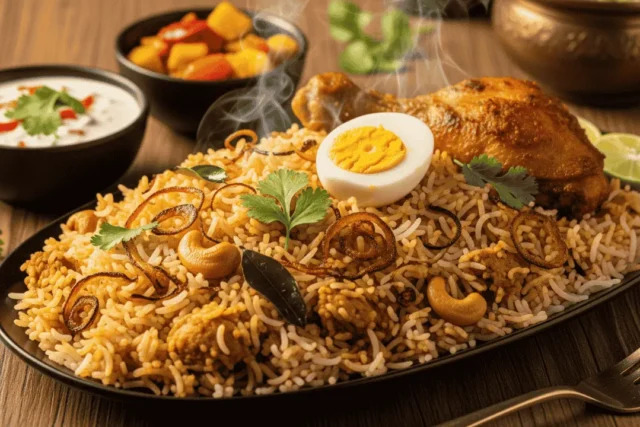 Steaming hot chicken biryani with a boiled egg, garnished with fried onions and cashews, served with raita and pickle on a wooden table ചിക്കൻ ബിരിയാണി
