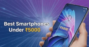 A thumbnail image for a post about budget smartphones, showing a hand holding a phone with a '₹5000' price tag on the screen and the title 'Best Smartphones Under ₹5000' overlaid on a blue tech-themed background. സ്മാർട്ട്‌ഫോൺ
