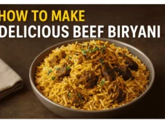 Delicious beef biryani served in a traditional bowl with fresh garnishes