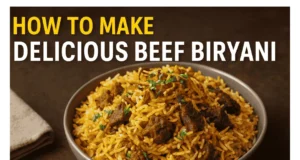 Delicious beef biryani served in a traditional bowl with fresh garnishes