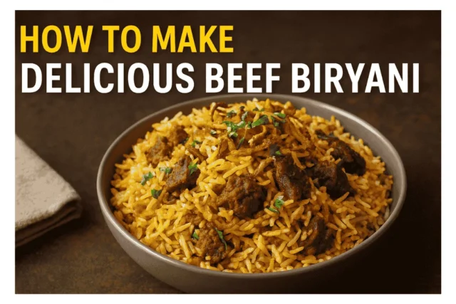 Delicious beef biryani served in a traditional bowl with fresh garnishes