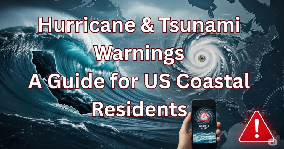 Hurricane and tsunami warnings on U.S. coasts | Storm and wave with alert symbols |
